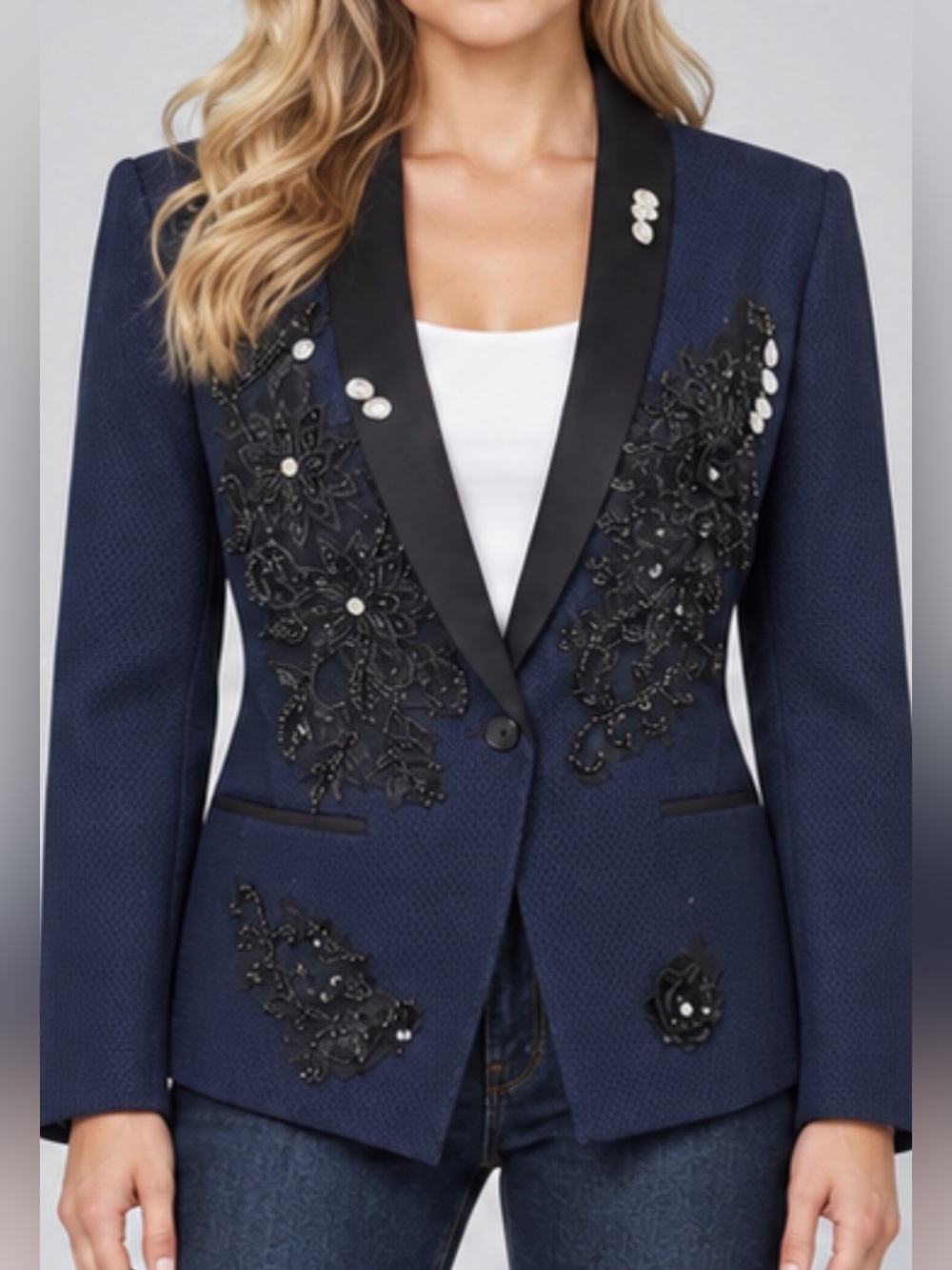 Upcycled Navy Blazer with Black Lapel & Beaded Appliqué & rhinestone size 6